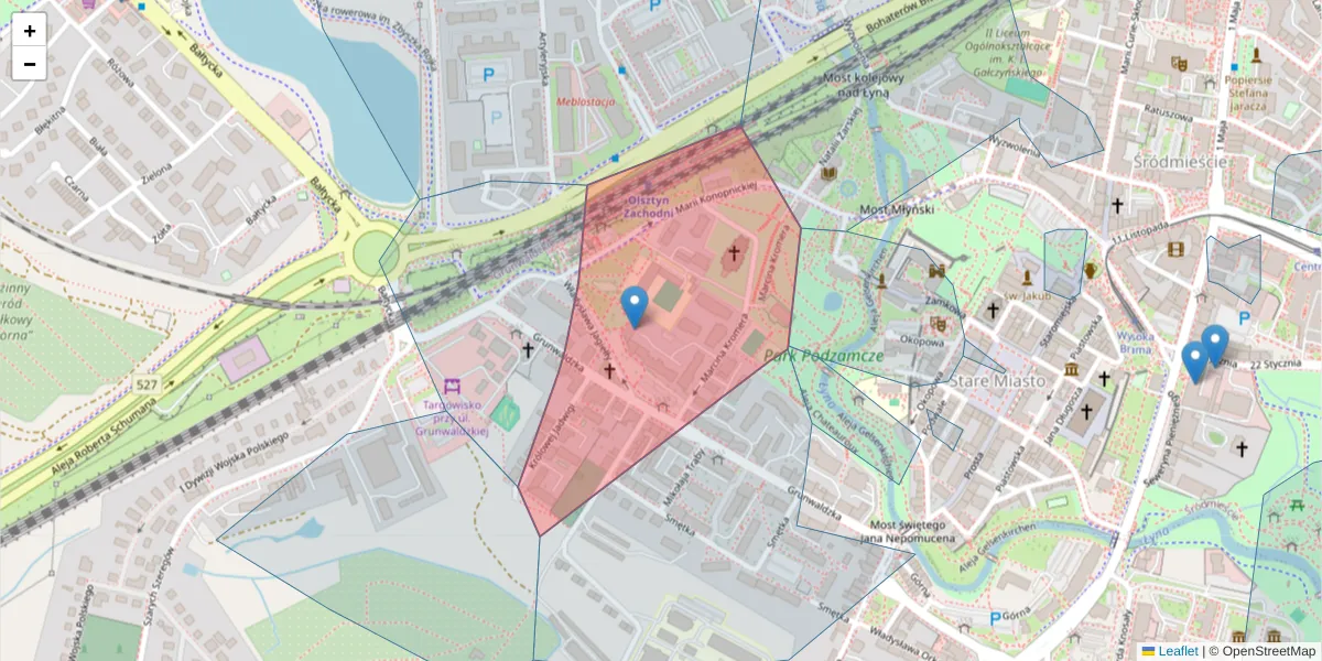 Szczegółowa mapa kodu pocztowego 10-127 z granicami, sąsiednimi kodami pocztowymi i urzędami pocztowymi