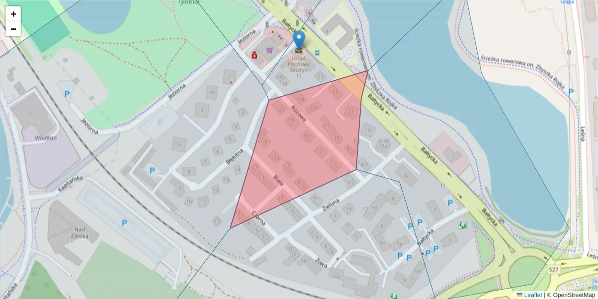 Szczegółowa mapa kodu pocztowego 10-142 z granicami, sąsiednimi kodami pocztowymi i urzędami pocztowymi