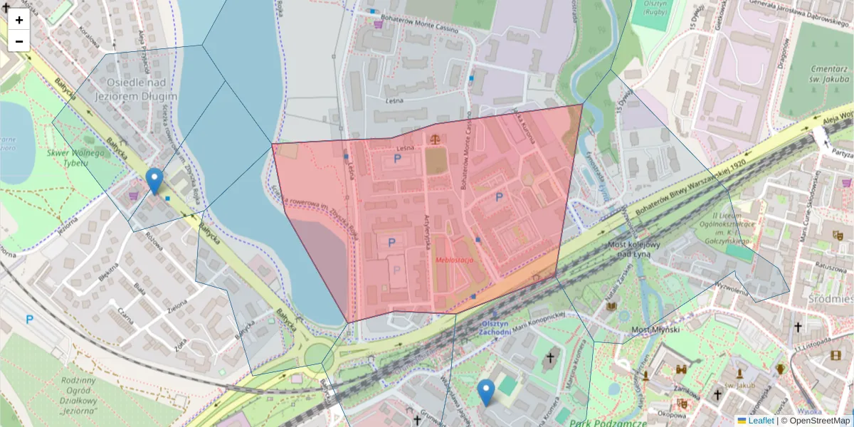 Szczegółowa mapa kodu pocztowego 10-165 z granicami, sąsiednimi kodami pocztowymi i urzędami pocztowymi