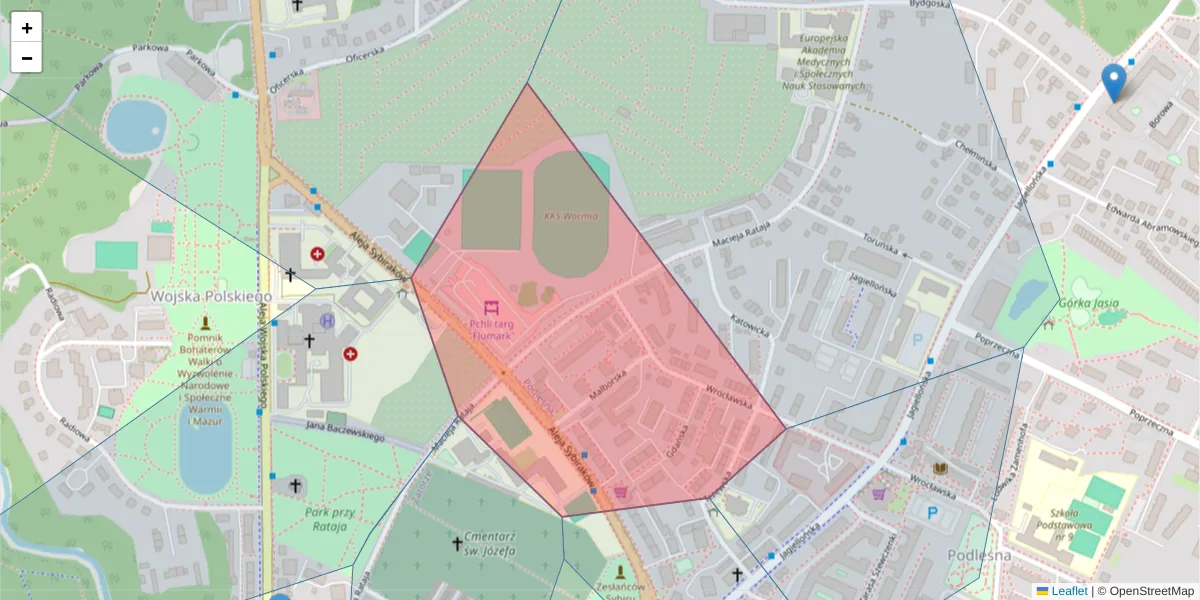 Szczegółowa mapa kodu pocztowego 10-250 z granicami, sąsiednimi kodami pocztowymi i urzędami pocztowymi