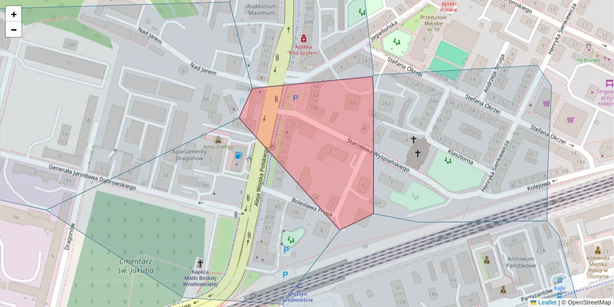 Szczegółowa mapa kodu pocztowego 10-287 z granicami, sąsiednimi kodami pocztowymi i urzędami pocztowymi