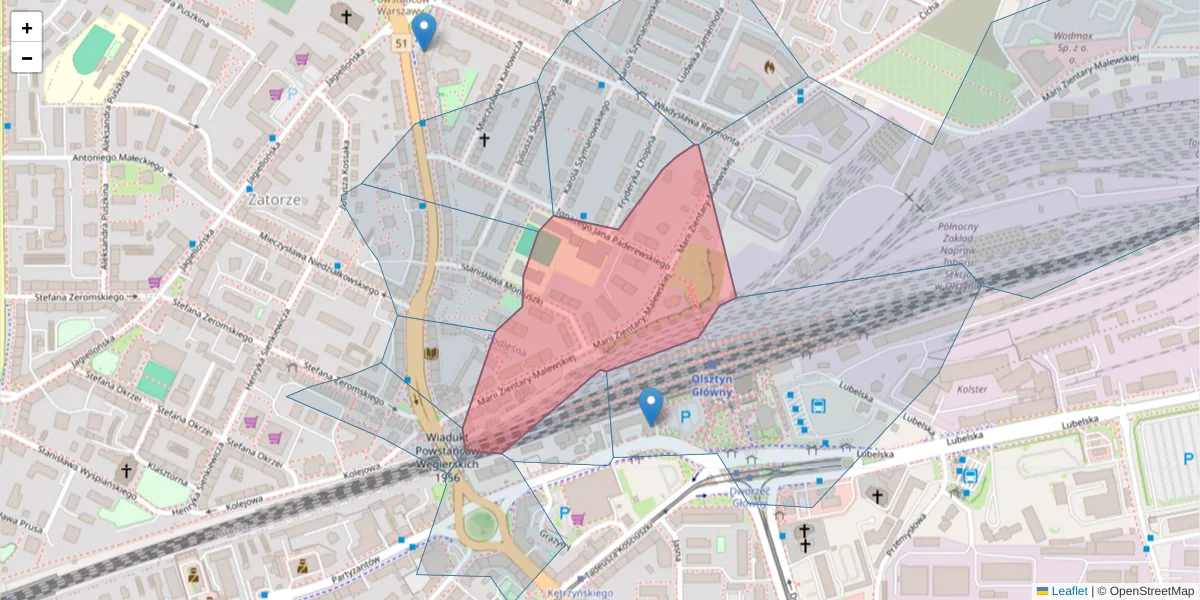 Szczegółowa mapa kodu pocztowego 10-305 z granicami, sąsiednimi kodami pocztowymi i urzędami pocztowymi