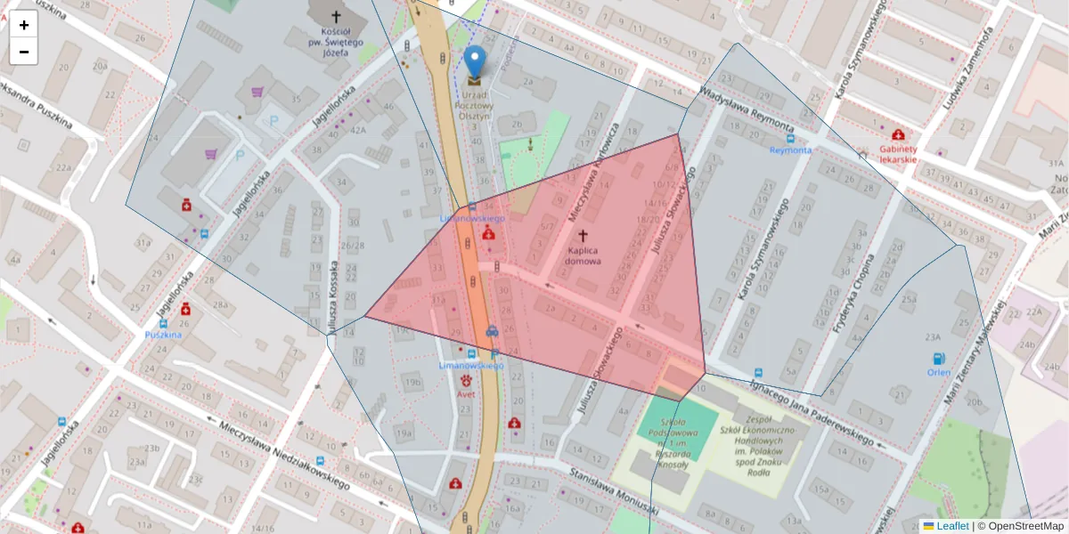 Szczegółowa mapa kodu pocztowego 10-314 z granicami, sąsiednimi kodami pocztowymi i urzędami pocztowymi