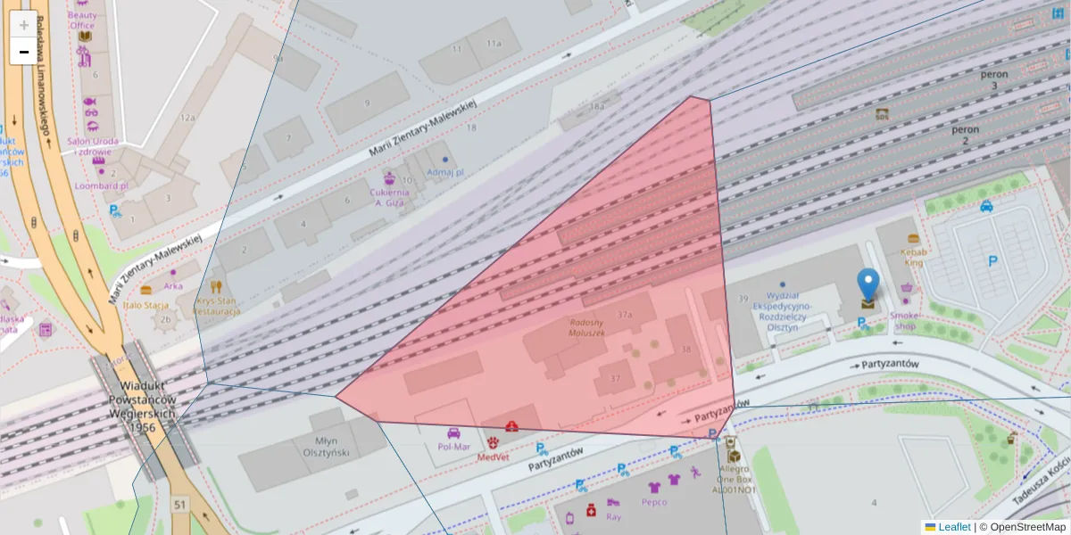 Szczegółowa mapa kodu pocztowego 10-401 z granicami, sąsiednimi kodami pocztowymi i urzędami pocztowymi
