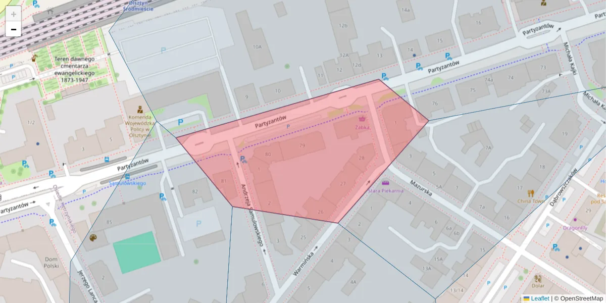 Szczegółowa mapa kodu pocztowego 10-402 z granicami, sąsiednimi kodami pocztowymi i urzędami pocztowymi