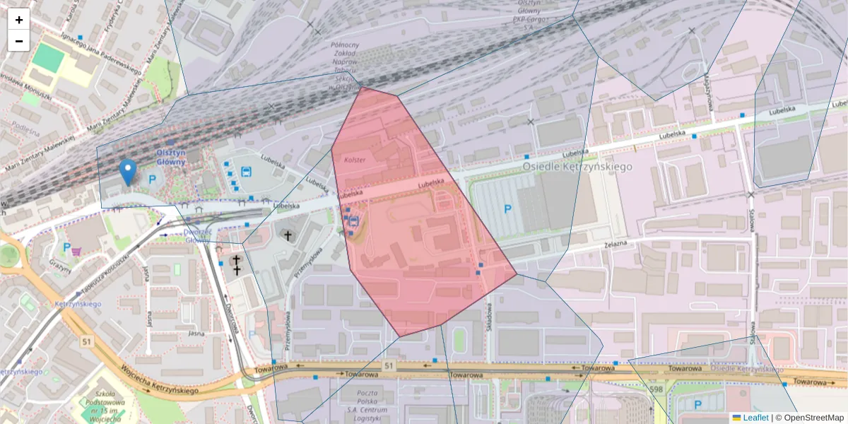 Szczegółowa mapa kodu pocztowego 10-405 z granicami, sąsiednimi kodami pocztowymi i urzędami pocztowymi