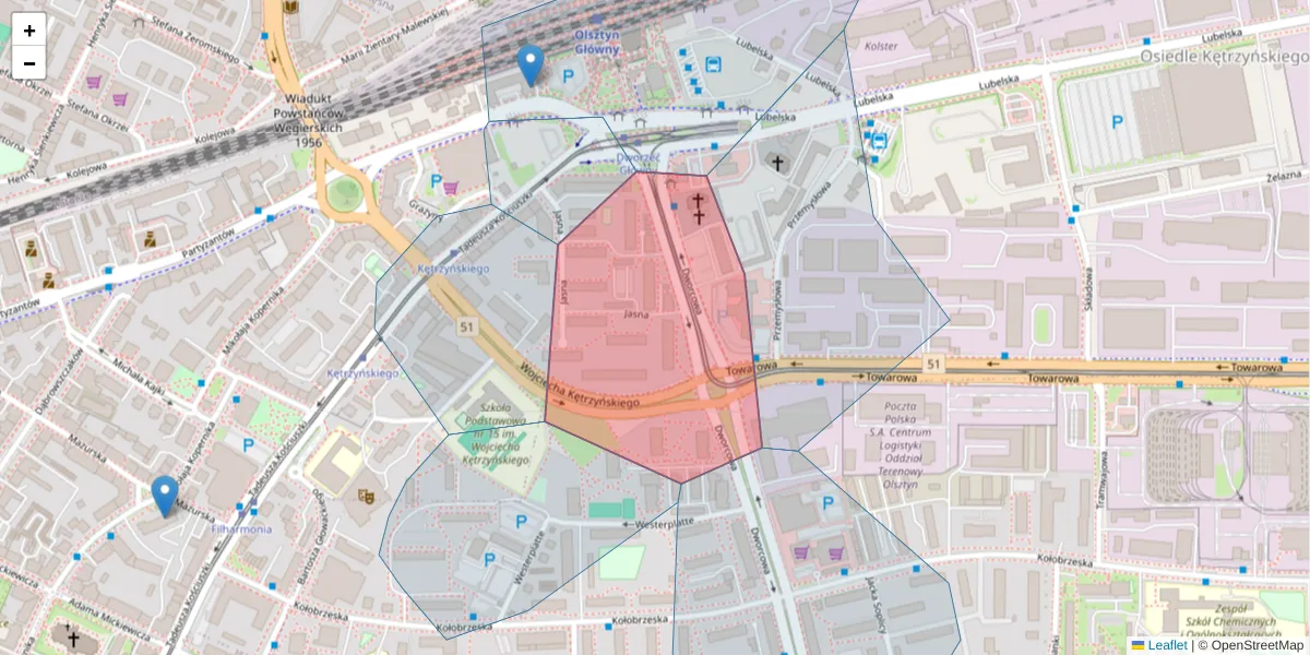 Szczegółowa mapa kodu pocztowego 10-414 z granicami, sąsiednimi kodami pocztowymi i urzędami pocztowymi