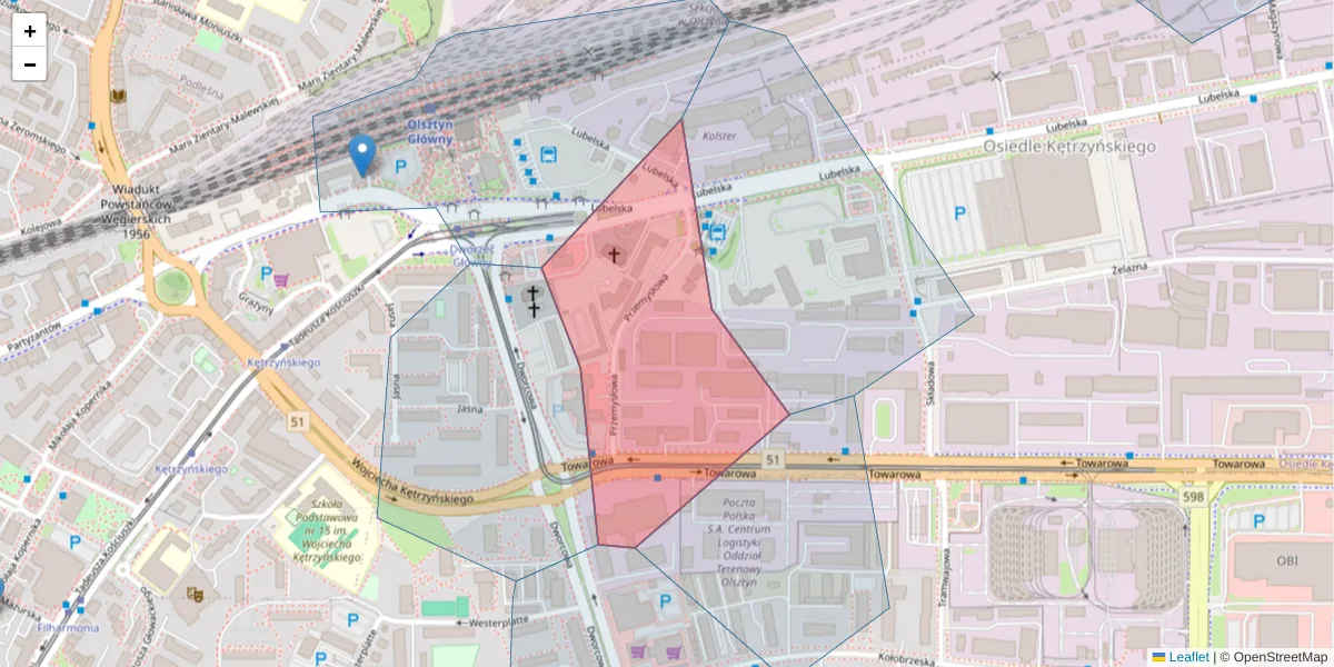 Szczegółowa mapa kodu pocztowego 10-418 z granicami, sąsiednimi kodami pocztowymi i urzędami pocztowymi