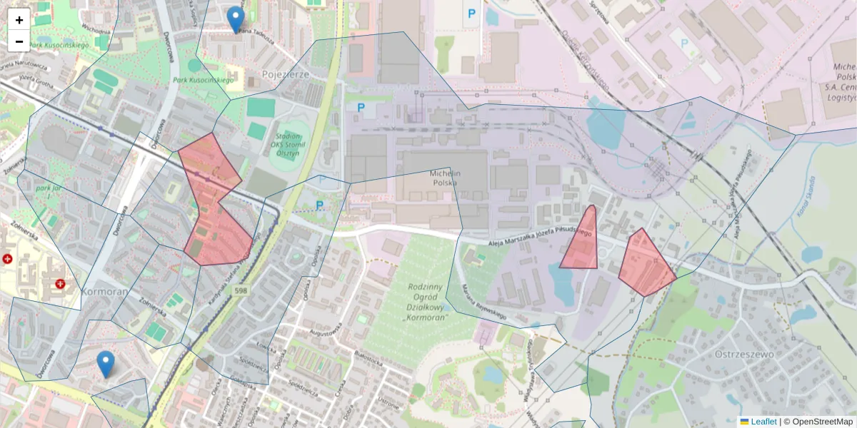 Szczegółowa mapa kodu pocztowego 10-450 z granicami, sąsiednimi kodami pocztowymi i urzędami pocztowymi