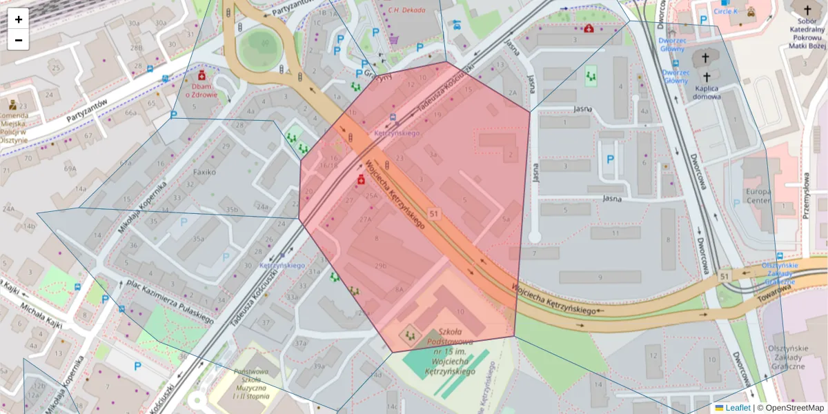 Szczegółowa mapa kodu pocztowego 10-501 z granicami, sąsiednimi kodami pocztowymi i urzędami pocztowymi