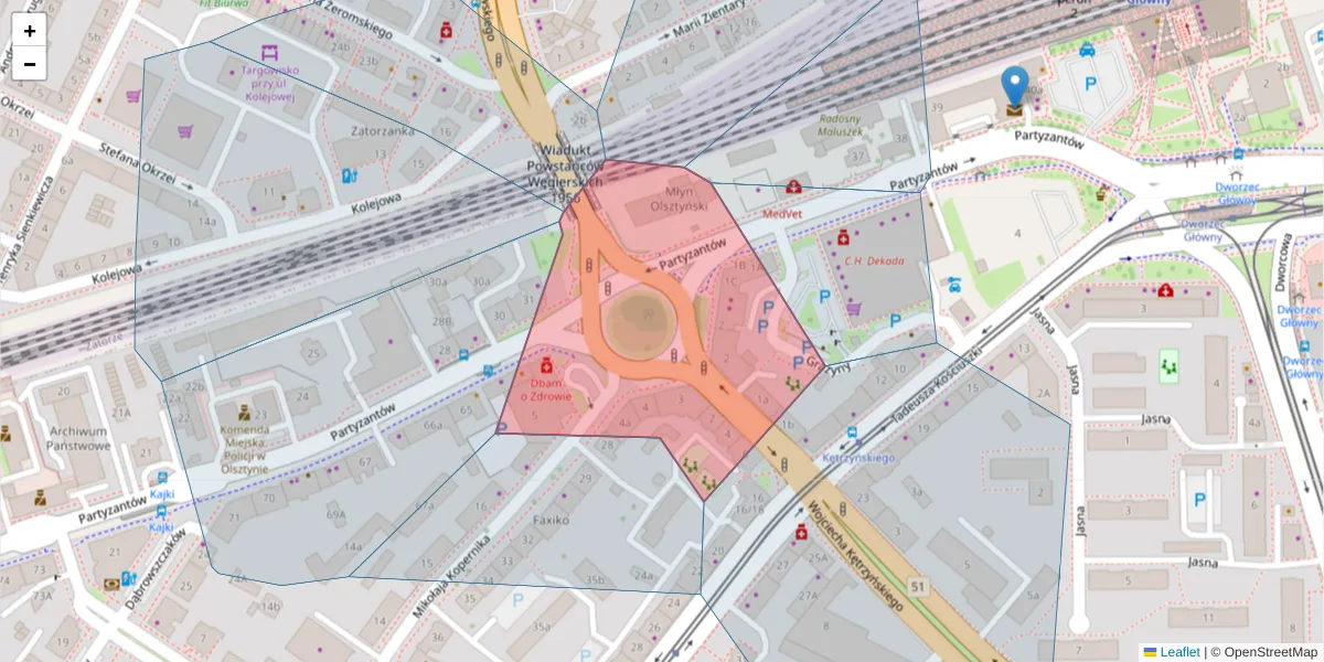 Szczegółowa mapa kodu pocztowego 10-516 z granicami, sąsiednimi kodami pocztowymi i urzędami pocztowymi