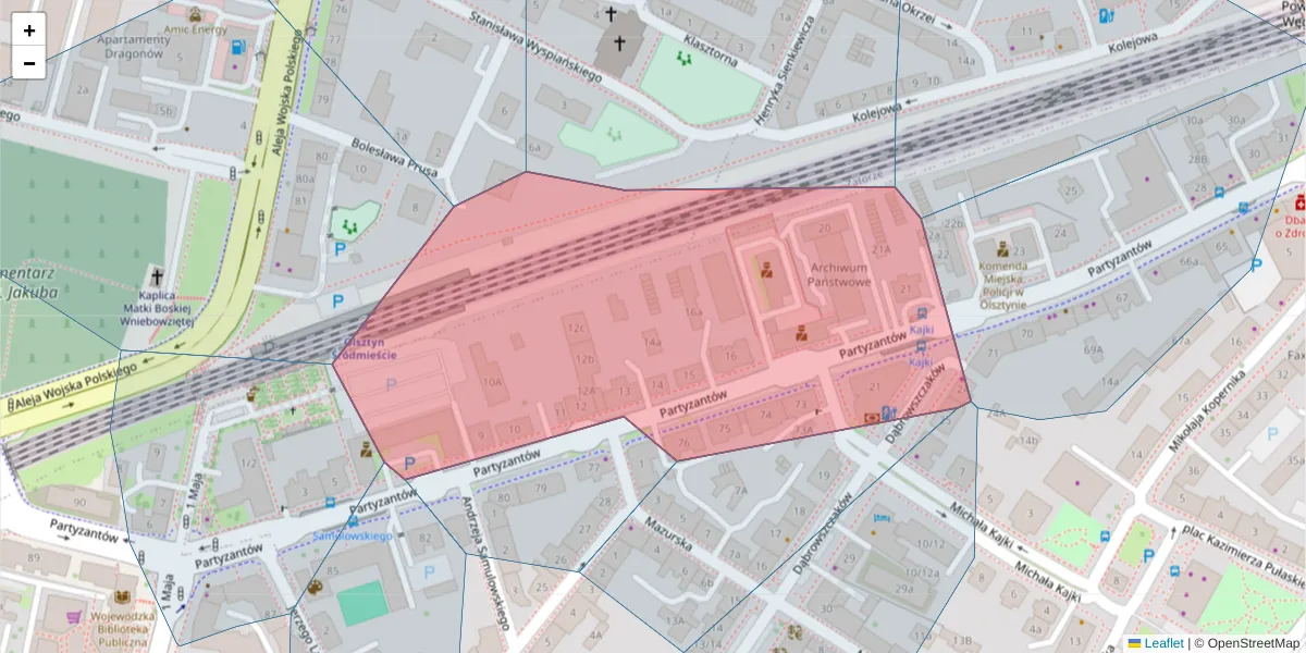 Szczegółowa mapa kodu pocztowego 10-521 z granicami, sąsiednimi kodami pocztowymi i urzędami pocztowymi