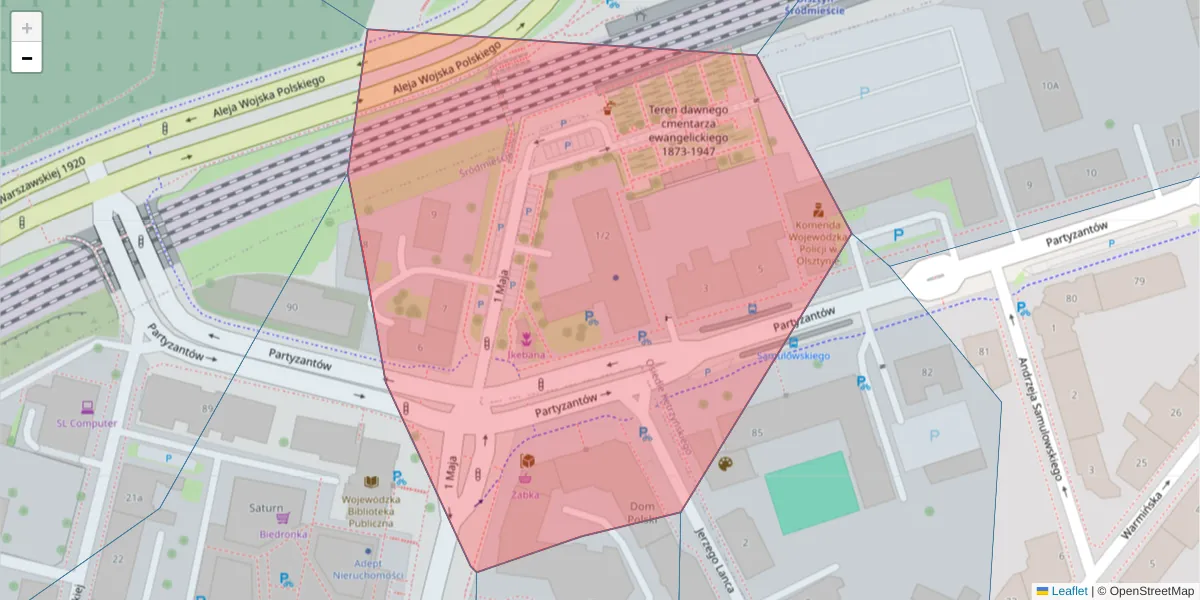 Szczegółowa mapa kodu pocztowego 10-527 z granicami, sąsiednimi kodami pocztowymi i urzędami pocztowymi