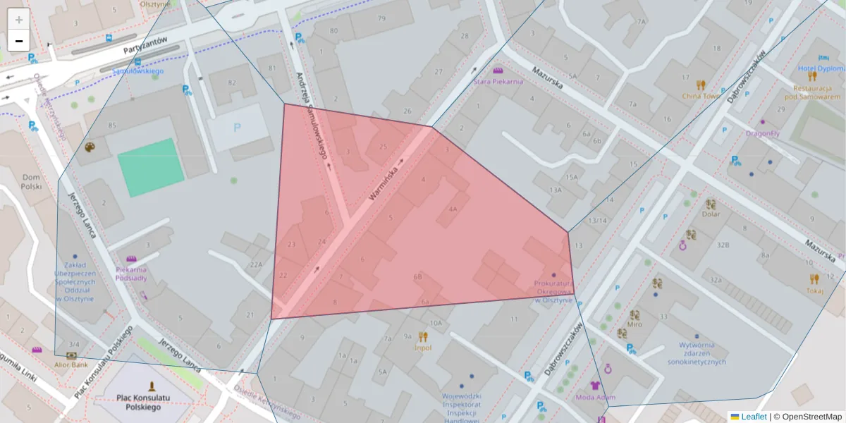 Szczegółowa mapa kodu pocztowego 10-544 z granicami, sąsiednimi kodami pocztowymi i urzędami pocztowymi