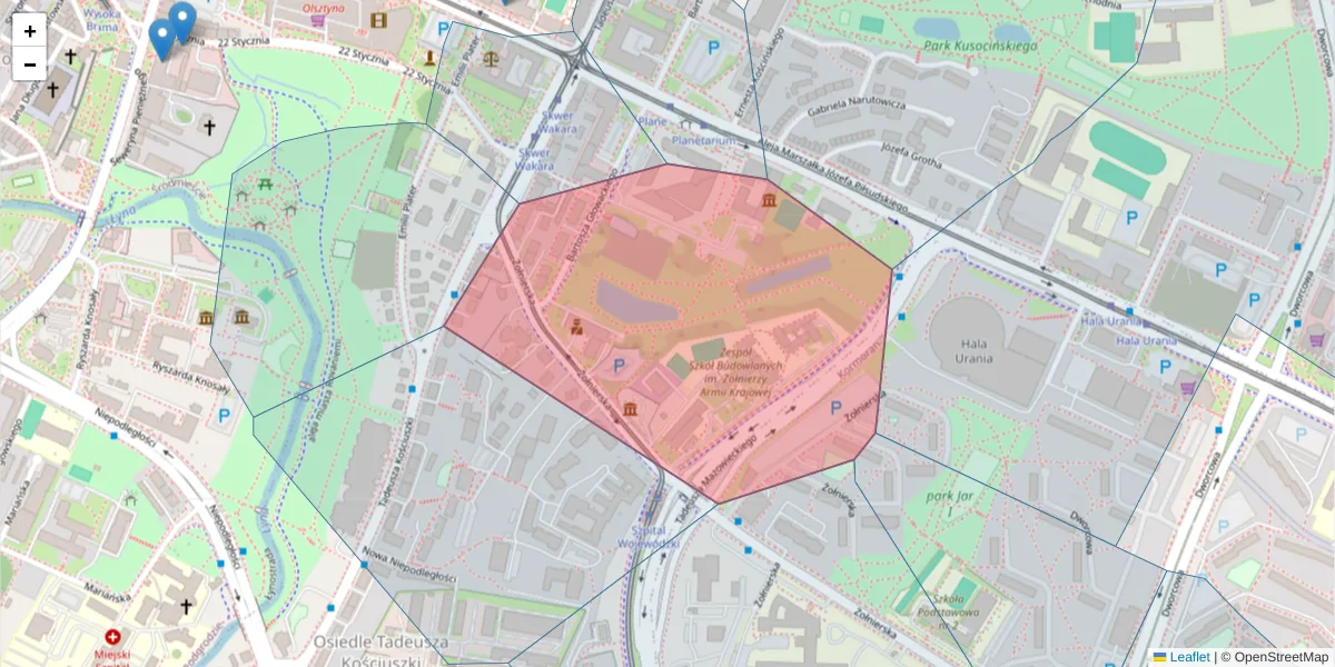Szczegółowa mapa kodu pocztowego 10-558 z granicami, sąsiednimi kodami pocztowymi i urzędami pocztowymi