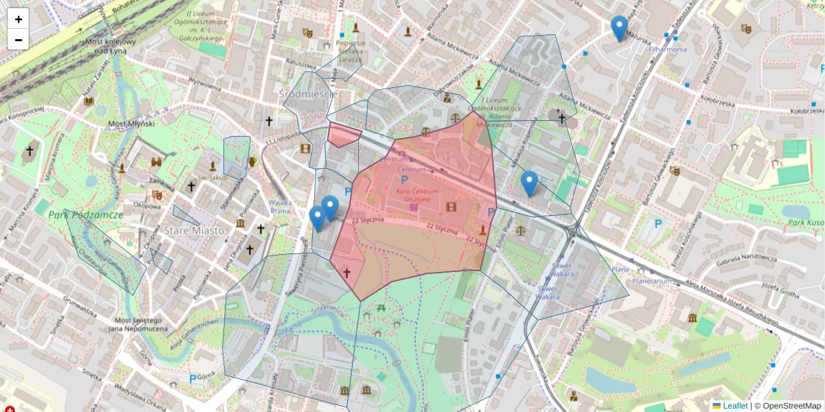 Szczegółowa mapa kodu pocztowego 10-576 z granicami, sąsiednimi kodami pocztowymi i urzędami pocztowymi