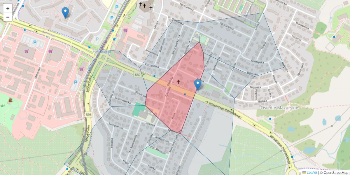 Szczegółowa mapa kodu pocztowego 10-626 z granicami, sąsiednimi kodami pocztowymi i urzędami pocztowymi