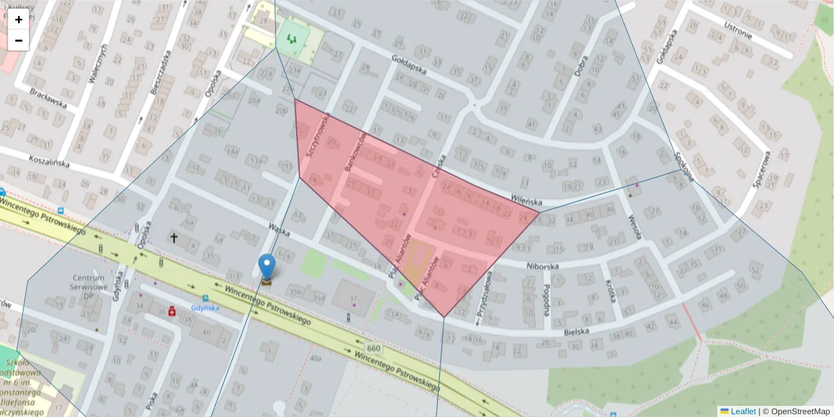 Szczegółowa mapa kodu pocztowego 10-640 z granicami, sąsiednimi kodami pocztowymi i urzędami pocztowymi