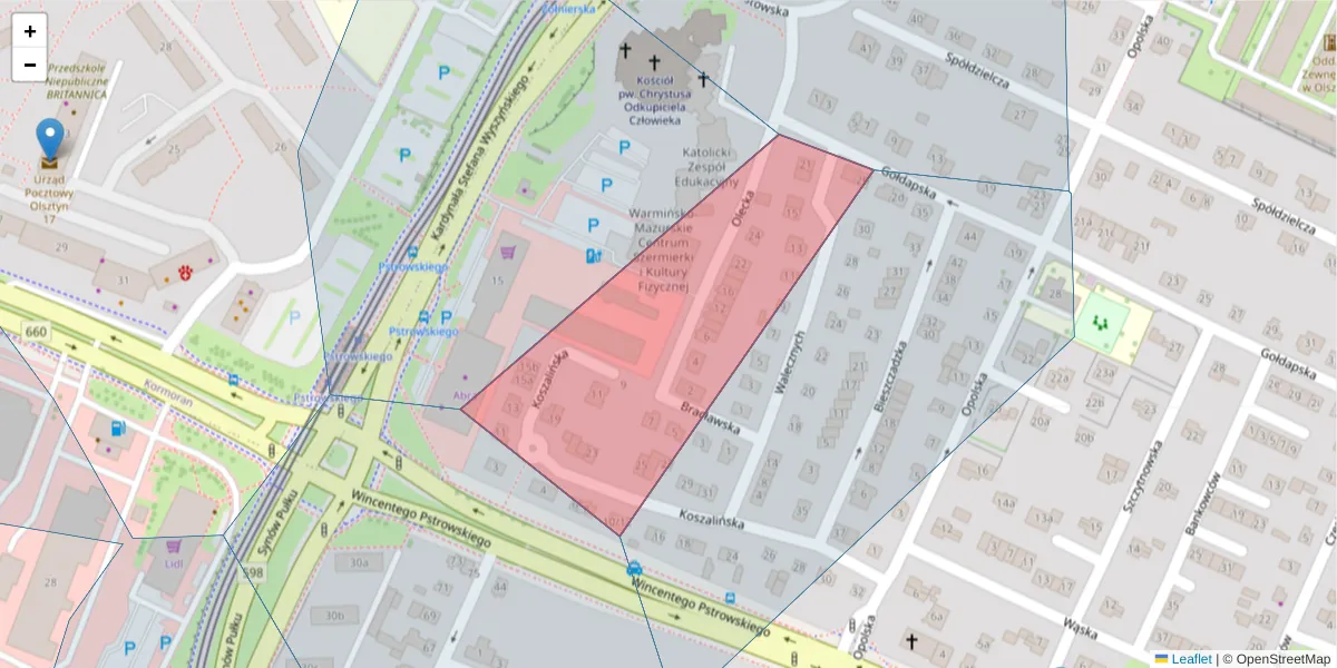 Szczegółowa mapa kodu pocztowego 10-669 z granicami, sąsiednimi kodami pocztowymi i urzędami pocztowymi