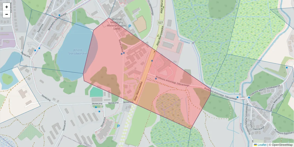 Szczegółowa mapa kodu pocztowego 10-725 z granicami, sąsiednimi kodami pocztowymi i urzędami pocztowymi