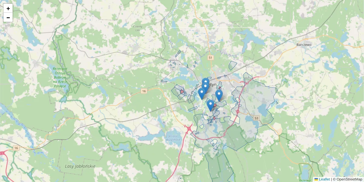 Szczegółowa mapa kodu pocztowego 10-950 z granicami, sąsiednimi kodami pocztowymi i urzędami pocztowymi