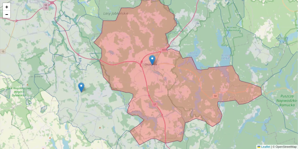 Szczegółowa mapa kodu pocztowego 11-015 z granicami, sąsiednimi kodami pocztowymi i urzędami pocztowymi