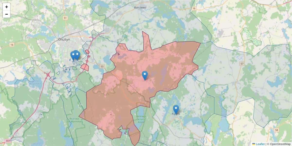 Szczegółowa mapa kodu pocztowego 11-030 z granicami, sąsiednimi kodami pocztowymi i urzędami pocztowymi
