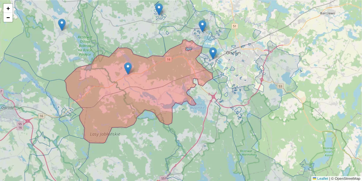 Szczegółowa mapa kodu pocztowego 11-036 z granicami, sąsiednimi kodami pocztowymi i urzędami pocztowymi