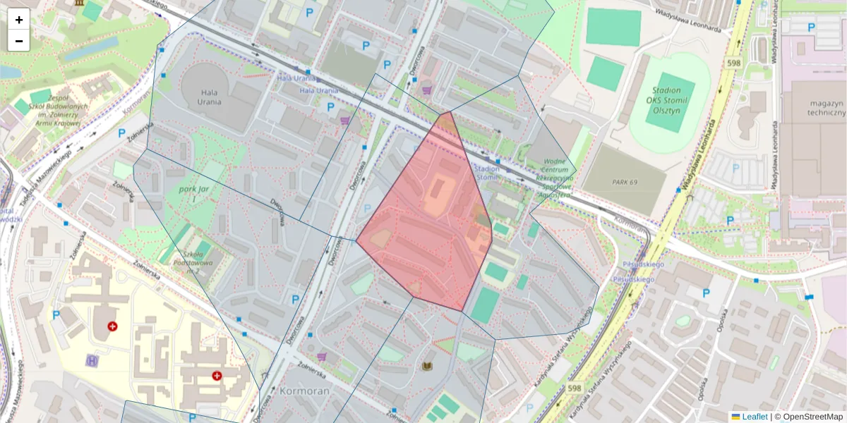 Szczegółowa mapa kodu pocztowego 11-044 z granicami, sąsiednimi kodami pocztowymi i urzędami pocztowymi