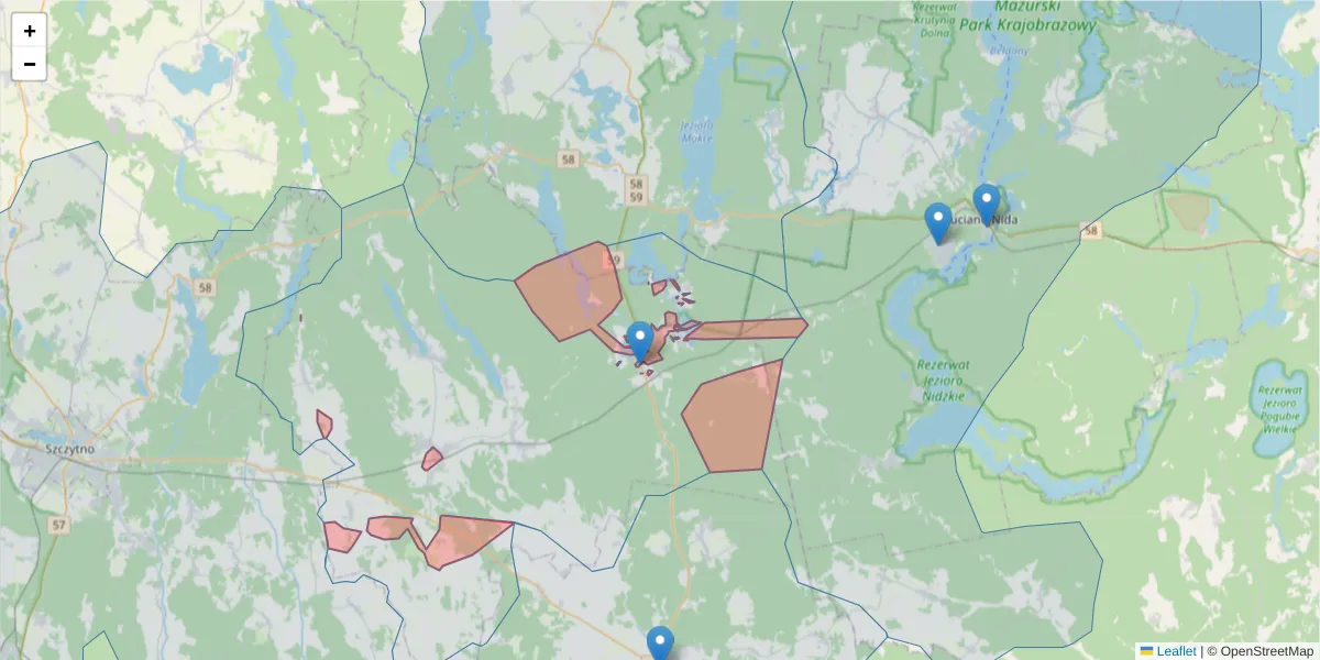 Szczegółowa mapa kodu pocztowego 12-150 z granicami, sąsiednimi kodami pocztowymi i urzędami pocztowymi