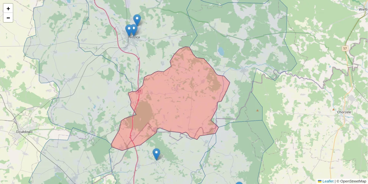 Szczegółowa mapa kodu pocztowego 13-111 z granicami, sąsiednimi kodami pocztowymi i urzędami pocztowymi