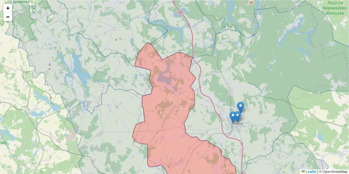 Szczegółowa mapa kodu pocztowego 13-124 z granicami, sąsiednimi kodami pocztowymi i urzędami pocztowymi