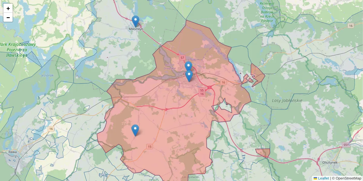 Szczegółowa mapa kodu pocztowego 14-100 z granicami, sąsiednimi kodami pocztowymi i urzędami pocztowymi