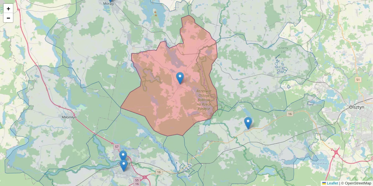 Szczegółowa mapa kodu pocztowego 14-105 z granicami, sąsiednimi kodami pocztowymi i urzędami pocztowymi
