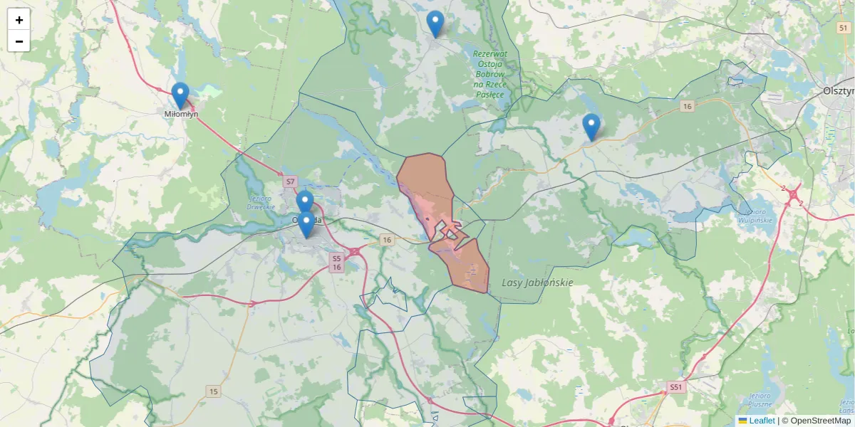 Szczegółowa mapa kodu pocztowego 14-133 z granicami, sąsiednimi kodami pocztowymi i urzędami pocztowymi