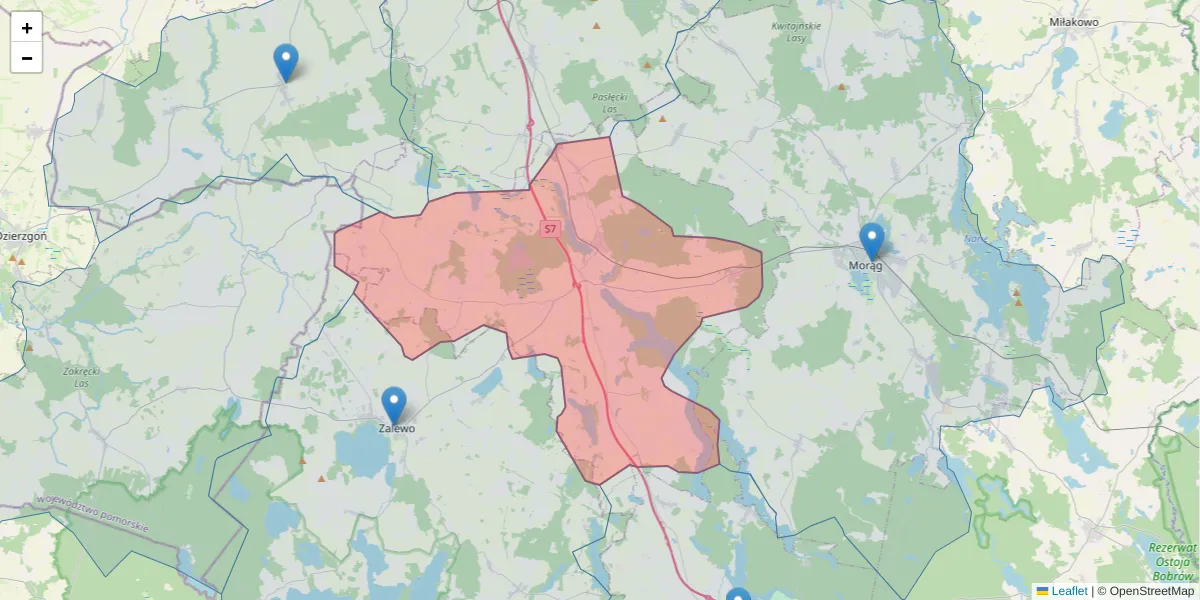 Szczegółowa mapa kodu pocztowego 14-330 z granicami, sąsiednimi kodami pocztowymi i urzędami pocztowymi