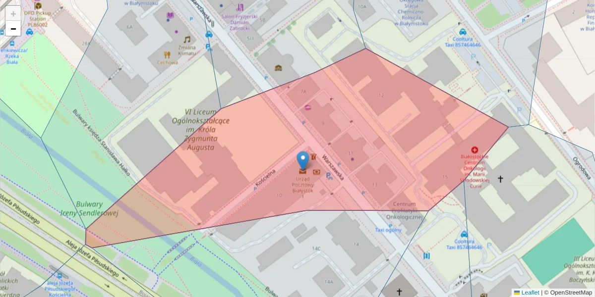 Szczegółowa mapa kodu pocztowego 15-001 z granicami, sąsiednimi kodami pocztowymi i urzędami pocztowymi