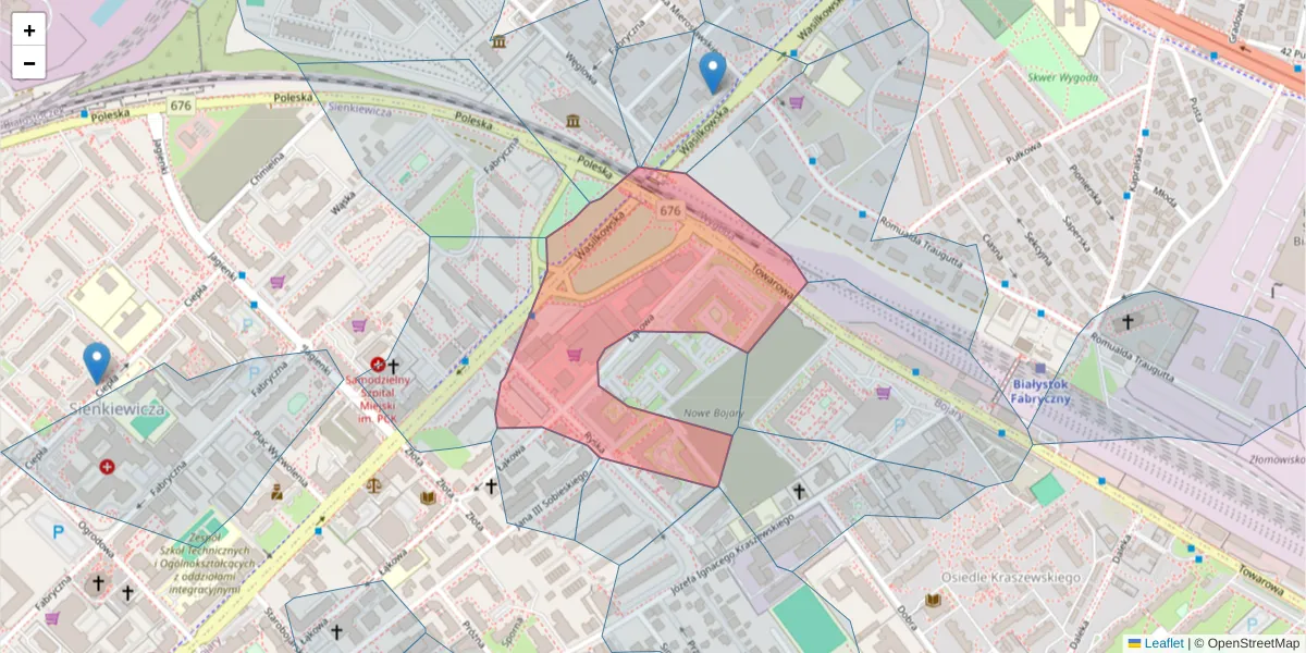 Szczegółowa mapa kodu pocztowego 15-008 z granicami, sąsiednimi kodami pocztowymi i urzędami pocztowymi