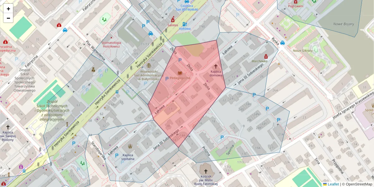Szczegółowa mapa kodu pocztowego 15-016 z granicami, sąsiednimi kodami pocztowymi i urzędami pocztowymi