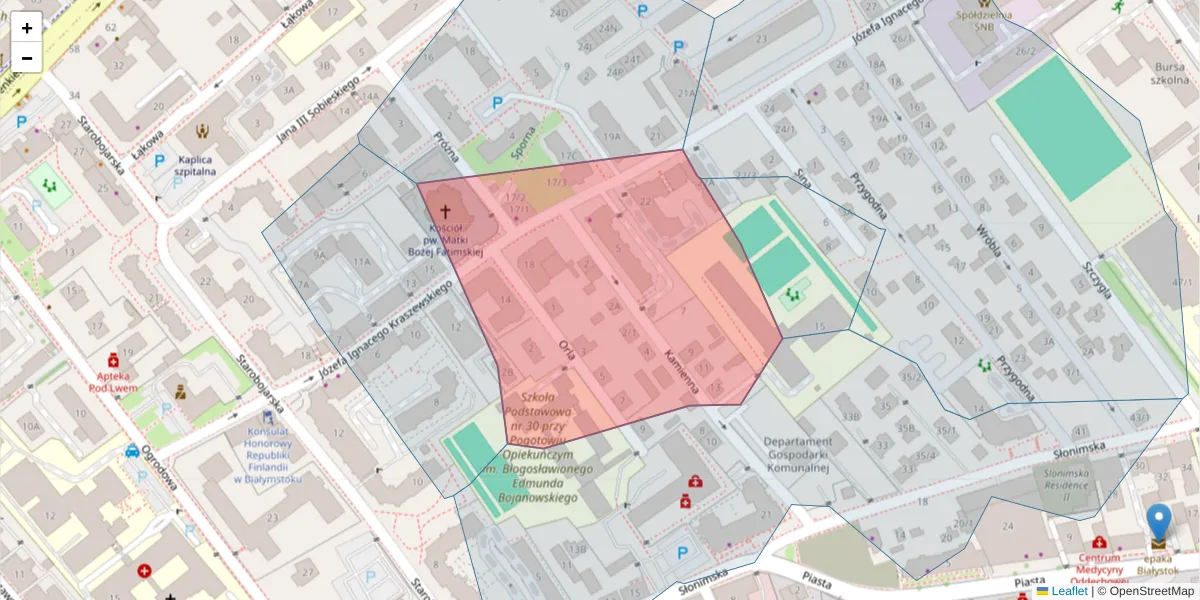 Szczegółowa mapa kodu pocztowego 15-021 z granicami, sąsiednimi kodami pocztowymi i urzędami pocztowymi