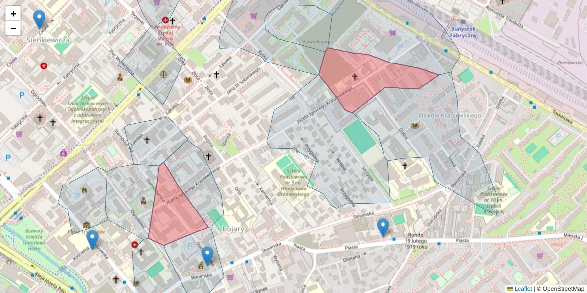 Szczegółowa mapa kodu pocztowego 15-025 z granicami, sąsiednimi kodami pocztowymi i urzędami pocztowymi