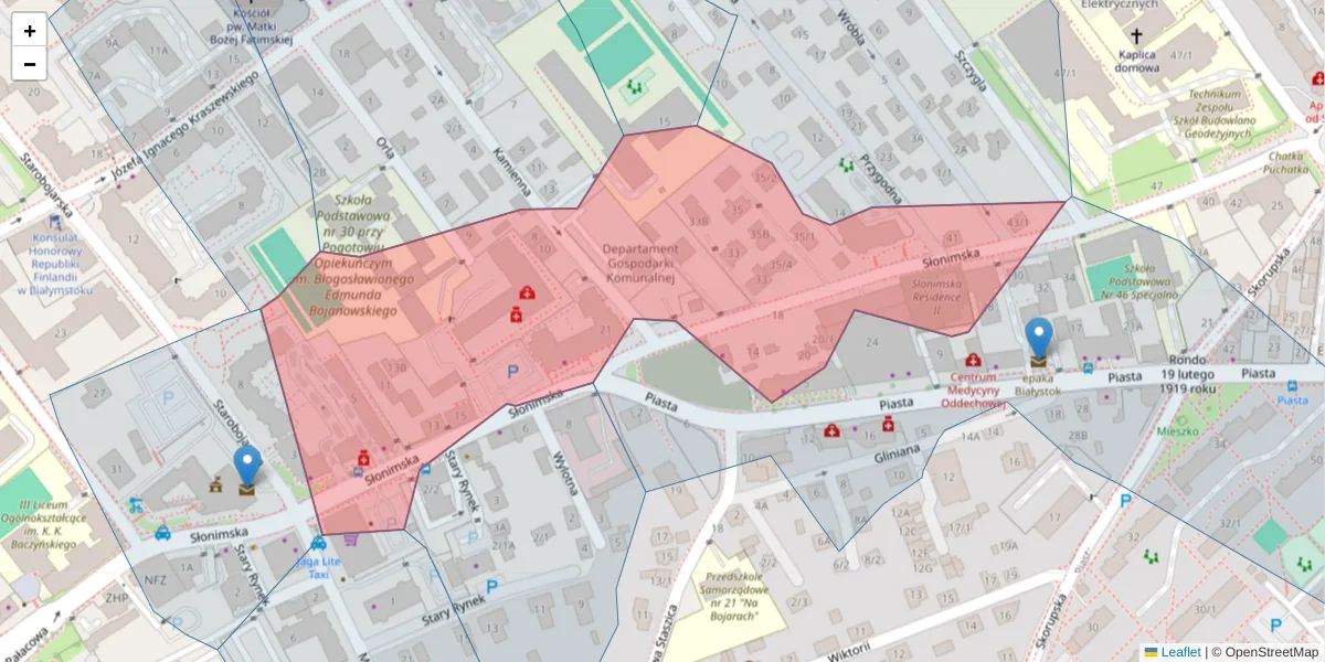 Szczegółowa mapa kodu pocztowego 15-028 z granicami, sąsiednimi kodami pocztowymi i urzędami pocztowymi