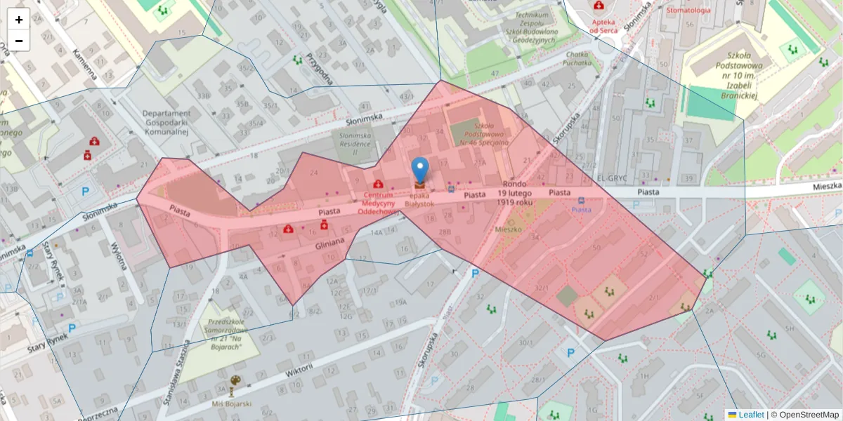 Szczegółowa mapa kodu pocztowego 15-044 z granicami, sąsiednimi kodami pocztowymi i urzędami pocztowymi