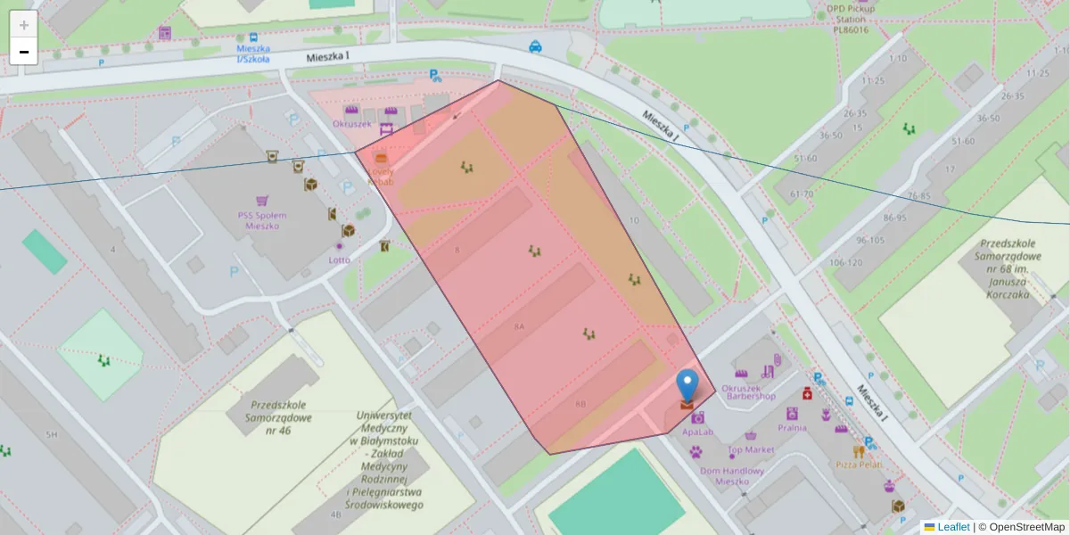 Szczegółowa mapa kodu pocztowego 15-050 z granicami, sąsiednimi kodami pocztowymi i urzędami pocztowymi
