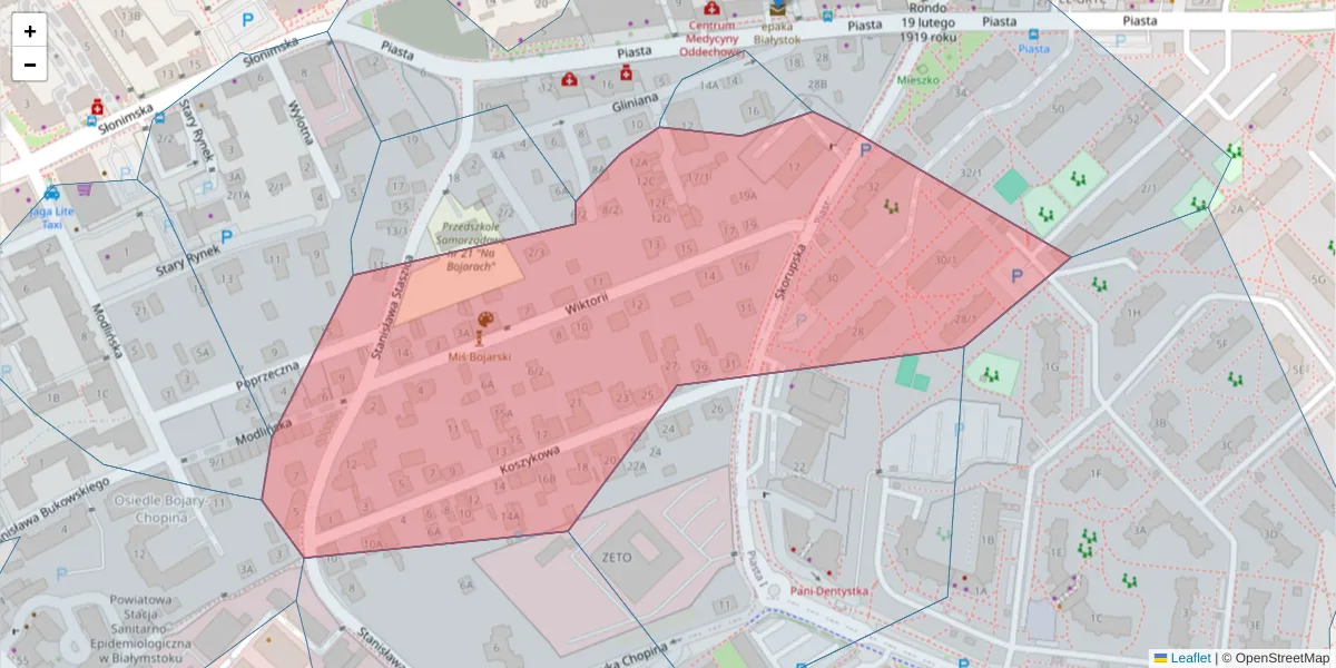 Szczegółowa mapa kodu pocztowego 15-070 z granicami, sąsiednimi kodami pocztowymi i urzędami pocztowymi
