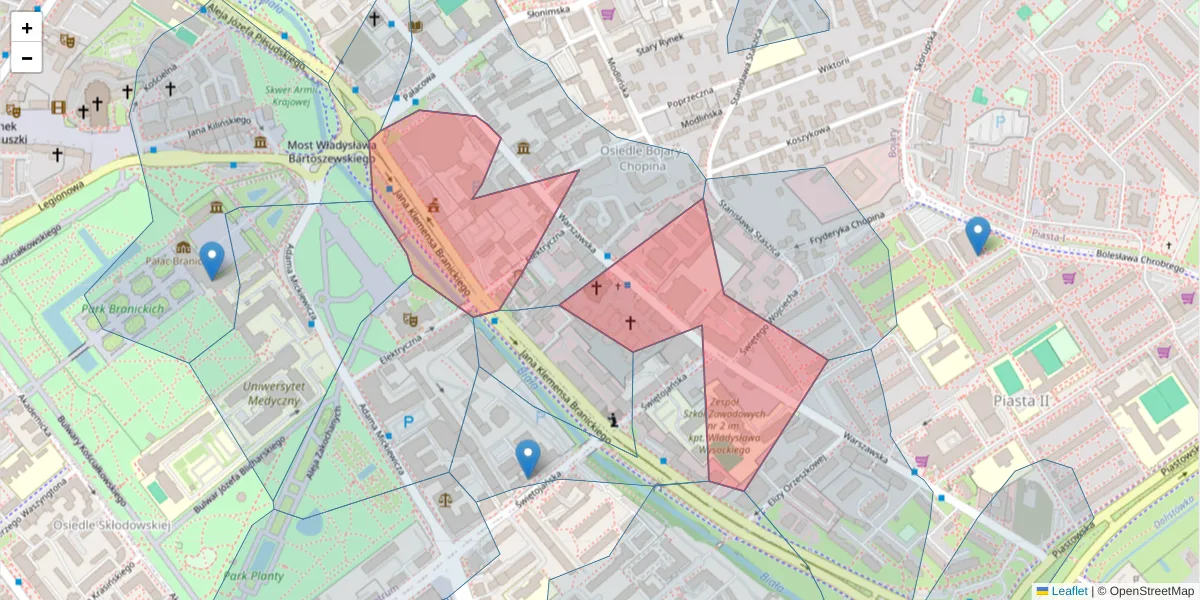 Szczegółowa mapa kodu pocztowego 15-077 z granicami, sąsiednimi kodami pocztowymi i urzędami pocztowymi