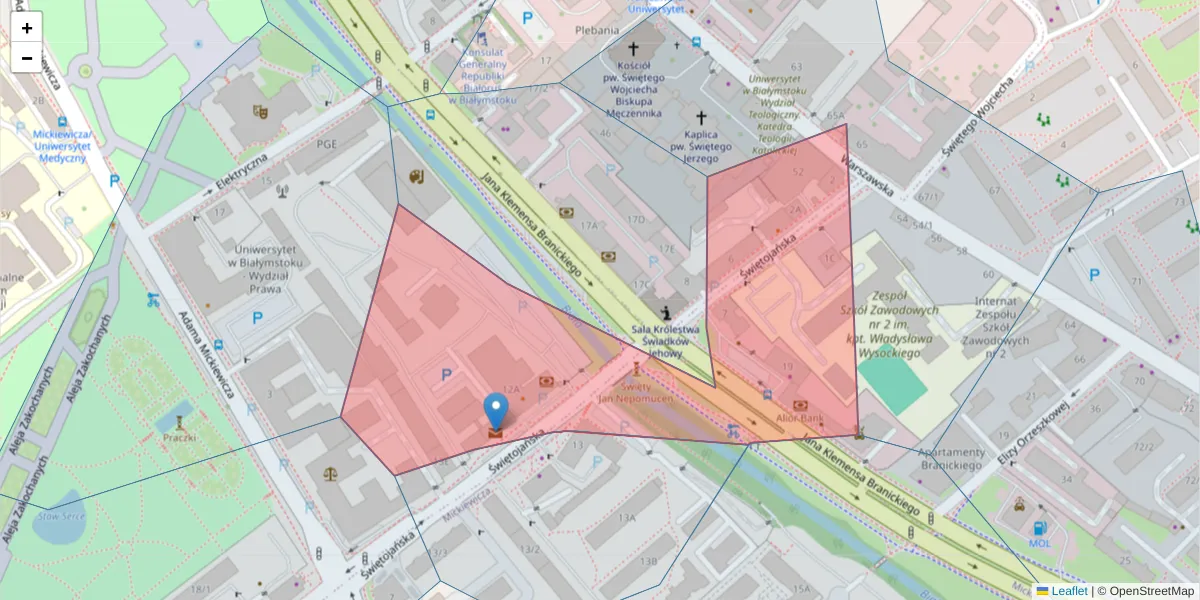 Szczegółowa mapa kodu pocztowego 15-082 z granicami, sąsiednimi kodami pocztowymi i urzędami pocztowymi