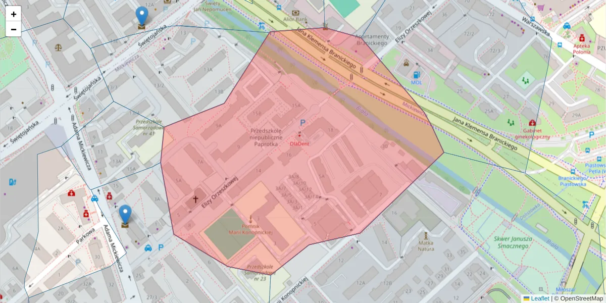 Szczegółowa mapa kodu pocztowego 15-083 z granicami, sąsiednimi kodami pocztowymi i urzędami pocztowymi