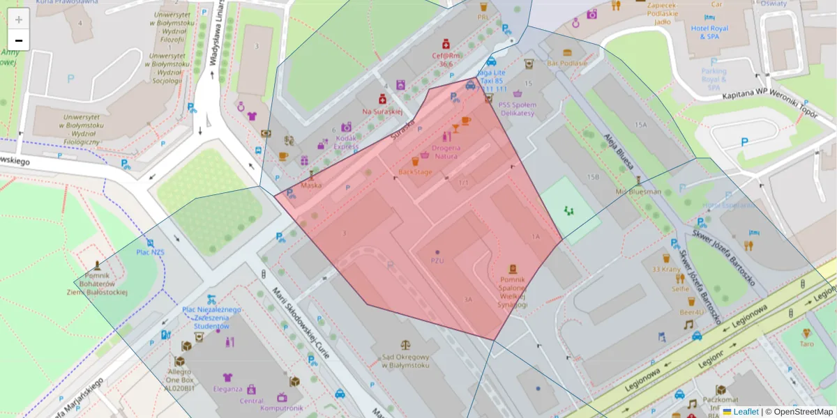 Szczegółowa mapa kodu pocztowego 15-093 z granicami, sąsiednimi kodami pocztowymi i urzędami pocztowymi