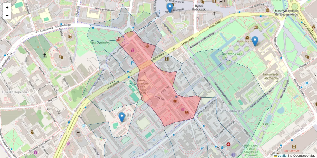 Szczegółowa mapa kodu pocztowego 15-097 z granicami, sąsiednimi kodami pocztowymi i urzędami pocztowymi